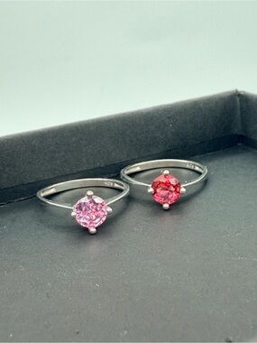 Sterling Silver Pink (light and dark) CZ Solitaire Rings - Set of 2